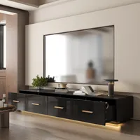 TV-Schrank mit LED-Beleuchtung, TV-Lowboard mit Hochglanz, TV-Ständer 4 Schubladen, TV-Schrank mit Griffen, Fernsehtisch, Schwarz, MDF, 180x35x25cm