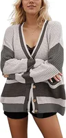 ASKSA Damen Pullover Strickjacken V-Ausschnitt Farbblock Langarm Strick Cardigan Casual Knopfleiste Strickmantel (Rot,M)