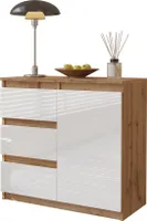 FURNICA - MIKEL - Komoda / příborník se 3 zásuvkami a 1 dvířky - dub Wotan / bílý lesk V75cm Š80cm H35cm