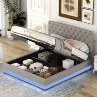 Ulife Boxspringbett, Doppelbett, Polsterbett mit LED, Leinenbezug, Verstellbares Kopfteil, 140x200cm, Grau