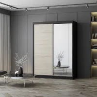 Kleiderschrank Schiebetürenschrank Schrank Schwebetürenschrank 150 cm Schwarz/Sonoma Eiche mit Spiegel Vista 05
