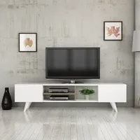 Szafka pod TV Assens 2 drzwiczki i schowki Ława pod TV 40 x 160 x 31 cm Stolik pod TV 2 składane drzwiczki i schowki Szafka pod TV Lowboard Szafka pod TV biała / orzech włoski