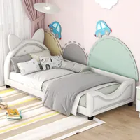 Łóżko dziecięce Flieks 90x200cm łóżko pojedyncze z listwową ramą, drewniane łóżko podłogowe z zagłówkiem w kształcie króliczka, łóżko dzienne, beżowe