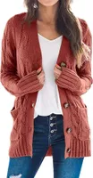 ASKSA Damen Strickjacke Strickpulli Langarm mit Taschen Knopf Pullover Casual Einfarbig Strickmantel, Rot, XL