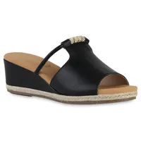 VAN HILL Damen Keilsandaletten Sandaletten Strass Zierperlen Bast Schuhe 841123, Farbe: Schwarz, Größe: 39