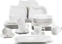 MALACASA, Serie Elvira, 32 Tlg. Porzellan Tafelservice, Serviergeschirr mit Kaffeetassen, Untertassen, Dessertteller, Suppenteller, Speiseteller und 2 Servierteller für 6 Personen, Cremeweiß