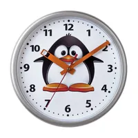Kinderwanduhr, Pinguin-Motiv, Kunststoff-Gehäuse, Plastikglas, geräuscharm, für Mädchen und Jungen, Durchmesser 23 cm