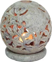 Indisches Duft Potpourri Behälter aus Speckstein, Teelicht - Kugel Blüten, Creme-weiß, 8,5*8*8 cm, Duftlampen & Öllampen