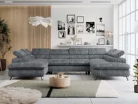 Ecksofa U-form, Schlaffunktion, Bettkasten, einstellbare Kopfstützen - PETER U - Cord - Dunkelgrau