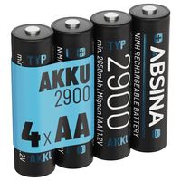 ABSINA 4x Akku AA wiederaufladbar 2900 - NiMH AA Akkus mit 1,2V & min. 2650mAh - Aufladbare Batterien AA