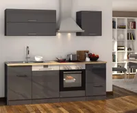 Küchenblock Mailand 220 cm grau hochglanz mit Geschirrspüler Herd Glaskeramik Kochfeld Dunsthaube und Spüle