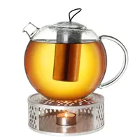 Creano Teekanne aus Glas 2,0l Jumbo + ein Stövchen aus Edelstahl, 3-teilige Glasteekanne mit integriertem Edelstahl Sieb und Glasdeckel, ideal zur Zubereitung von losen Tees, tropffrei