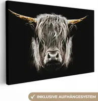 OneMillionCanvasses® - Obrazy na plátně - Skotský horal - Zlato - Rohy - Černobílé - Kráva - Zvířata, nástěnné umění, nástěnné dekorace obrazy obývací pokoj, 120x80cm