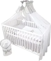 Babybettwäsche Komplettset 11 Teilig ohne Bett für Bettchen in Größe 60x120 aus 100% Baumwolle bestickt mit einem Teddybär auf Mond inkl. Moskitonetz Grau
