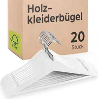 Praknu 20 Kleiderbügel Weiß - Kleiderbügel aus  Holz mit Steg - 360 Grad drehbar - Bügel mit Hosenstange - Holzkleiderbügel weiss