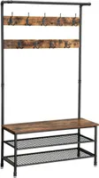 Duży loftowy wieszak z półkami i ławą czarno-brązowy 182 cm stal i MDF