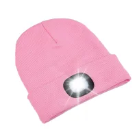 Strickmütze für Damen, Herbst/Winter, einfarbig, Krempenlose Mütze mit LED-Licht, warm, winddicht, elastische Beanie-Mütze, Rosa, Einheitsgröße