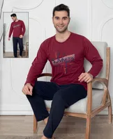Herren Pyjama Schlafanzug Baumwolle Lang Rot XXL 2-Teiler Set C-41