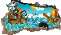 Wandtattoo Mauerloch Pirat Piratenschiff Kinder Hai 100x60cm Aufkleber Wohnzimmer WL39