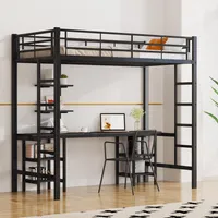 MODFU Hochbett 90x200cm mit Rausfallschutz, Etagenbett Kinderbett mit Tisch und Regalen,Metallbett Stockbett mit Lattenrost, Jugendbett Bettgestell, Schwarz