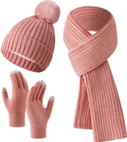 3-teiliges Set mit Mütze, Schal und Handschuh, dick gestrickt, warme Mütze, rutschfeste Handschuhe, elastischer Gehörschutz, winddicht, für den Winter, Outdoor, Radfahren, Skifahren, Kuppelmütze, Halswickel-Set, Rosa 2