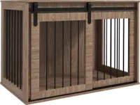 Domácí klec pro psy PawHut, uzamykatelná psí bouda s vchodem, box pro psy s posuvnými dveřmi, bouda pro velké psy do 30 kg, ořech, 98 x 58 x 61 cm
