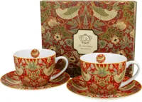 DUO ART GALLERY 2er-Set Tassen 280 ml STRAWBERRY THIEF RED mit Untertassen, New Bone China Porzellan