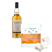 Whiskey 2er Set, Talisker 10 Jahre, Single Malt, Schottland, Whisky, Scotch, Alkohol, Alkoholgetränk, Flasche, 45.8%, 200 ml, 677132, Geschenk zum Vatertag, mit graviertem Glas