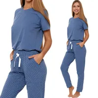 Moraj Damen Schlafanzug Kurzarm + Pyjamahose 5500-001, Farbe: Blau, Große: 2XL