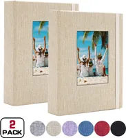 MODFU Fotoalben Klein 10x15 Fotos 2 Pack Leinen Cover mit Frontfenster, Einsteckalbum 26 Seiten, Aufbewahrung von Kunstwerken oder Postkarten Beige