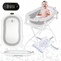 Primabobo Faltbare Babybadewanne Premium mit Gestell, Badekissen, Thermometer, Baby Badewanne klappbare, Babywanne mit Ständer für Babys, Grau