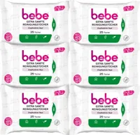 bebe Extra Sanfte Reinigungstücher (6 x 25 Tücher) vegan, feuchtigkeitsspendende Abschminktücher mit Aloe Vera, Gesichtsreinigungstücher ohne Duftstoffe für empfindliche Haut