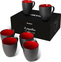 MIAMIO - 6 x 350 ml Kaffeetassen Set Außen Schwarz Innen Farbig (Rot)