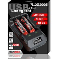 Kraftmax BC-2000 USB Akku Ladegerät für 18650 | 26650 | 14500 | 16340 | CR123 | 3,7V Lithium und Mignon AA | Micro AAA NIMH Akkus - Neueste Version mit Li-Ion Smart Charging
