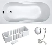VBChome Badewanne 140 x 70 cm Acryl SET Wannenträger Siphon Wanne Rechteck Weiß Design Modern Styroporträger Ablaufgarnitur in Chrom Viega Simplex