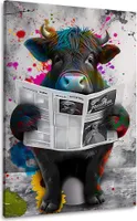 Wandbild Leinwandbild Kunstdruck XXL Wanddeko Stier Zeitung lesend: 60x90x2cm