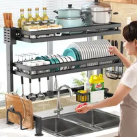 65cm stojan na nádobí s odkapávačem na nádobí se 3 úrovněmi, odkapávač na nádobí s háčky odkapávač na nádobí kuchyňský stojan dřez černý nerezová ocel