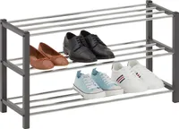 Schuhregal DUBLIN mit 3 Ablagen in grau. Robuste Schuhablage mit Metallrahmen, edel verchromt. Ideal für Flur und Diele.