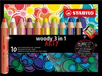 Buntstift, Wasserfarbe & Wachsmalkreide - STABILO woody 3 in 1 - ARTY - 10er Pack - mit 10 verschiedenen Farben und Spitzer