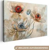 MuchoWow® - Leinwandbilder - Blumen - Beige - Modern - Illustration, Wandbild, Wanddeko Bilder Wohnzimmer, 90x60 cm