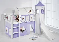 Lilokids Spielbett JELLE Pferde Lila Beige - Hochbett - weiß - mit Turm, Rutsche und Vorhang - Maße: 113 cm x 208 cm x 98 cm; JELLE3054KWTR-PFERDE-LILA