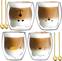 4 Stück Glasbecher, doppelwandig Glas Kaffeetasse mit 4 Löffel,  Milchbecher, Geschenk für Geburtstag, Erntedankfest, Freunde, Liebhaber, transparent, 8