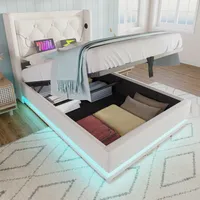 okwish Boxspringbett Polsterbett 90 x 200 cm mit 3-seitige LED-Beleuchtung und Kopfteil mit USB Typ-C-Ladeanschluss, Hydraulisches Stauraumbett mit Bettkasten Stauraum(Ohne Matratze)- Weiß