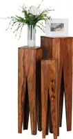 WOHNLING Sheesham Massivholz Blumentisch 3er Set Satztisch Säulentisch Dekosäule