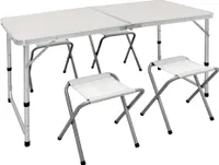 ECD Germany Campingtisch Set mit 4 Hocker, 120x60x55/63/70 cm höhenverstellbar, klappbar, Weiß/Creme, aus Aluminium und MDF, Campingmöbel Set mit 4 Stühle