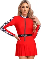 Damen Rennfahrer-Kostüm Gr. M – Slim Fit Langarm Minikleid mit Zipper & Gürtel für Halloween, Fasching, Karneval & Party