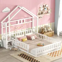 Flieks Kinderbett 140x200cm mit Rausfallschutz und Nachttisch, Bodenbett Hausbett mit Lattenrost, Spielbett Holzbett Doppelbett, Weiß