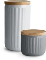 SPRINGLANE Keramik Vorratsdosen 2-tlg. Set mit Holzdeckel Stripes, Kautschukholz-Deckel, Aufbewahrungsdosen, Frischhaltedosen