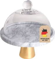 Intirilife Kuchenplatte mit Glas Haube Tortenständer mit goldenen Standfuß in Marmor - Optik - 24.8 x 16.8 cm - Teller Platte für Kuchen Torten Runde Servierplatte für Gebäck