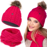 Damen Set Mütze Weiche Wintermütze mit Kunststoffbommel Leicht Winterschal Schal Halswärmer Bommelmütze Beanie Strickmütze gefüttert Winterset Damenschal Rot